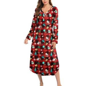 image:imageEkouaer Nightgowns for Women Long Sleeve Nightgown Long Sleepwear Button Down Sleep Shirt Soft Night Gown S4XLRed Christmas