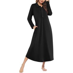 image:imageEkouaer Nightgowns for Women Long Sleeve Sleepshirt Button Nightshirt Full Length Sleepwear with PocketsBlack
