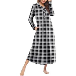 image:imageEkouaer Nightgowns for Women Long Sleeve Sleepshirt Button Nightshirt Full Length Sleepwear with PocketsBlack Plaid