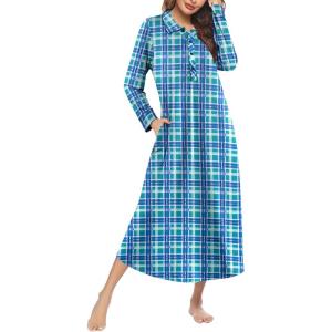 image:imageEkouaer Nightgowns for Women Long Sleeve Sleepshirt Button Nightshirt Full Length Sleepwear with PocketsLight Blue Plaid