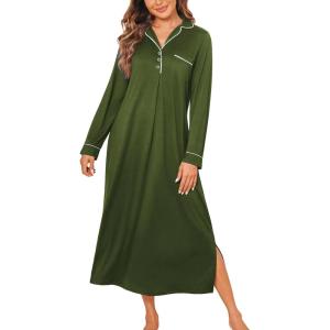 image:imageEkouaer Nightgowns for Women Long Sleeves Nightgown Soft Sleepwear Button V Neck Sleepshirt Long Nightgown SXXLArmy Green