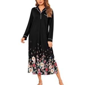 image:imageEkouaer Nightgowns for Women Long Sleeves Nightgown Soft Sleepwear Button V Neck Sleepshirt Long Nightgown SXXLBlack Flower