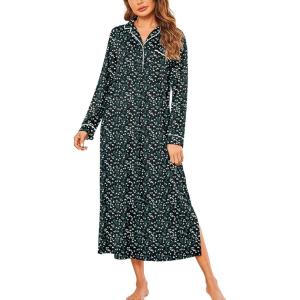 image:imageEkouaer Nightgowns for Women Long Sleeves Nightgown Soft Sleepwear Button V Neck Sleepshirt Long Nightgown SXXLBlack Green Floral