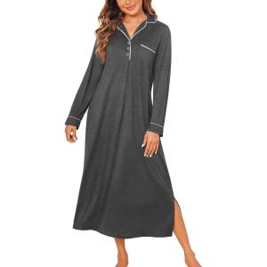 image:imageEkouaer Nightgowns for Women Long Sleeves Nightgown Soft Sleepwear Button V Neck Sleepshirt Long Nightgown SXXLDark Grey