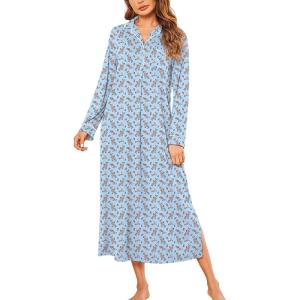 image:imageEkouaer Nightgowns for Women Long Sleeves Nightgown Soft Sleepwear Button V Neck Sleepshirt Long Nightgown SXXLLight Blue Flower