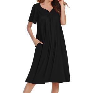 image:imageEkouaer Nightgowns for Women Short Sleeve House Dress with Pockets Soft Moomoo Pleated Mumu Dresses V Neck SleepwearBlack