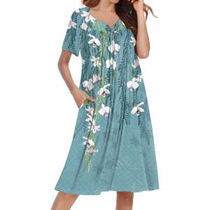 image:imageEkouaer Nightgowns for Women Short Sleeve House Dress with Pockets Soft Moomoo Pleated Mumu Dresses V Neck SleepwearBlue Flower