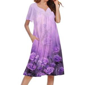 image:imageEkouaer Nightgowns for Women Short Sleeve House Dress with Pockets Soft Moomoo Pleated Mumu Dresses V Neck SleepwearLight Purple Flower