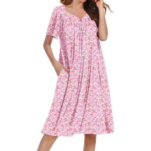 image:imageEkouaer Nightgowns for Women Short Sleeve House Dress with Pockets Soft Moomoo Pleated Mumu Dresses V Neck SleepwearPink Floral
