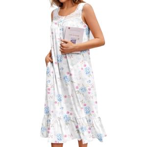 image:imageEkouaer Nightgowns for Women Sleeveless Night Gown Victorian Sleep Shirt with Pockets Ladies Pajamas Lace Trim SleepwearPurple Flowers