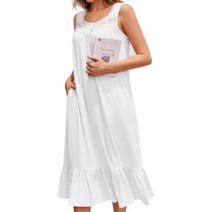 image:imageEkouaer Nightgowns for Women Sleeveless Night Gown Victorian Sleep Shirt with Pockets Ladies Pajamas Lace Trim SleepwearWhite