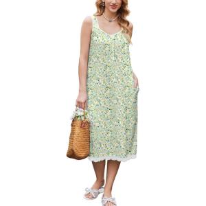 image:imageEkouaer Nightgowns for Women Sleeveless Night Gown Victorian Sleep Shirt with Pockets Ladies Pjs Lace Trim Sleepwear SXXLGreen Yellow Flowers