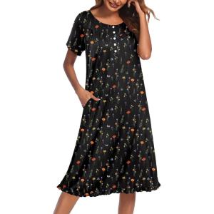 image:imageEkouaer Nightgowns for Women with Pockets Button Front Short Sleeve House Dresses Floral Print Mumu DressBlack Butterfly Floral