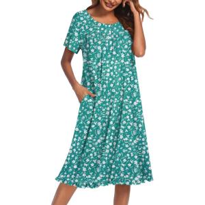 image:imageEkouaer Nightgowns for Women with Pockets Button Front Short Sleeve House Dresses Floral Print Mumu DressGreen