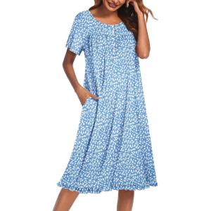 image:imageEkouaer Nightgowns for Women with Pockets Button Front Short Sleeve House Dresses Floral Print Mumu DressLight Blue