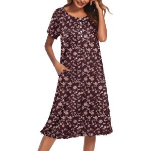 image:imageEkouaer Nightgowns for Women with Pockets Button Front Short Sleeve House Dresses Floral Print Mumu DressWine Red Floral