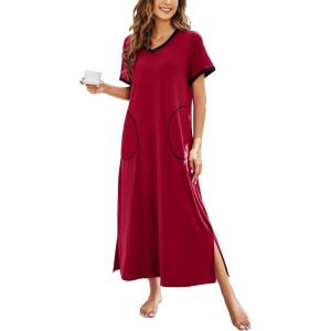 image:imageEkouaer Womens Full Length Short Sleeve NightgownAwine Red