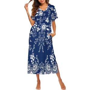 image:imageEkouaer Womens Full Length Short Sleeve NightgownBlue Ethnic Flower