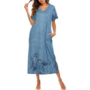 image:imageEkouaer Womens Full Length Short Sleeve NightgownBlue Ink Flower