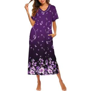 image:imageEkouaer Womens Full Length Short Sleeve NightgownPurple Floral