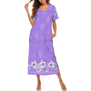 image:imageEkouaer Womens Full Length Short Sleeve NightgownPurple White Floral