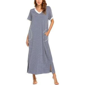 image:imageEkouaer Womens Full Length Short Sleeve NightgownYarn Dyed Fabric 1