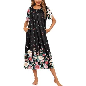 image:imageEkouaer Womens House Dress with Pockets Long Nightgowns for Women House Dress Pleated Front Moo Moos for WomenBlack Flower