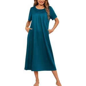 image:imageEkouaer Womens House Dress with Pockets Long Nightgowns for Women House Dress Pleated Front Moo Moos for WomenBlue Green