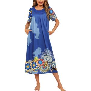 image:imageEkouaer Womens House Dress with Pockets Long Nightgowns for Women House Dress Pleated Front Moo Moos for WomenBlue Mandala