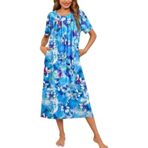 image:imageEkouaer Womens House Dress with Pockets Long Nightgowns for Women House Dress Pleated Front Moo Moos for WomenBlue Tiedye Flowers