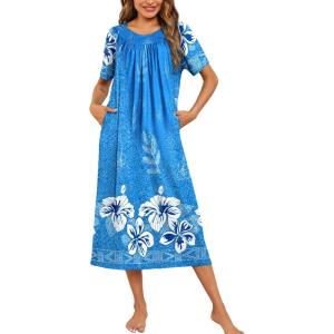 image:imageEkouaer Womens House Dress with Pockets Long Nightgowns for Women House Dress Pleated Front Moo Moos for WomenFloral Blue
