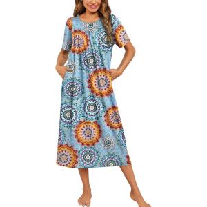 image:imageEkouaer Womens House Dress with Pockets Long Nightgowns for Women House Dress Pleated Front Moo Moos for WomenLight Blue Mandala