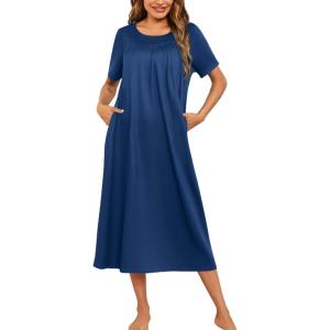 image:imageEkouaer Womens House Dress with Pockets Long Nightgowns for Women House Dress Pleated Front Moo Moos for WomenNavy Blue