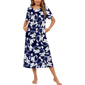 image:imageEkouaer Womens House Dress with Pockets Long Nightgowns for Women House Dress Pleated Front Moo Moos for WomenNavy Flower