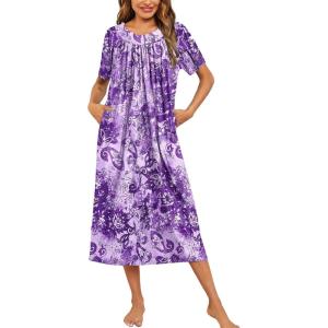 image:imageEkouaer Womens House Dress with Pockets Long Nightgowns for Women House Dress Pleated Front Moo Moos for WomenPurple Tiedye Flowers