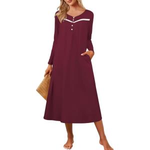 image:imageEkouaer Womens Long Sleeve Nightgown Full Length Pajama Dress with Pockets V Neck Nightshirts Lace Trim SleepwearWine Red