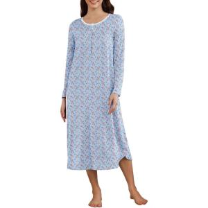 image:imageEkouaer Womens Long Sleeve Nightgown Long Sleepshirt Henley Nightgowns Full Length Sleep Dress with Pockets S3XLBlue Floral