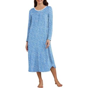 image:imageEkouaer Womens Long Sleeve Nightgown Long Sleepshirt Henley Nightgowns Full Length Sleep Dress with Pockets S3XLBlue Flower