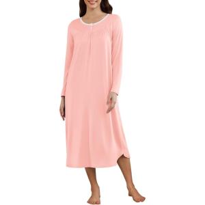 image:imageEkouaer Womens Long Sleeve Nightgown Long Sleepshirt Henley Nightgowns Full Length Sleep Dress with Pockets S3XLLight Pink