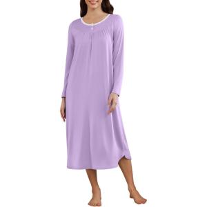 image:imageEkouaer Womens Long Sleeve Nightgown Long Sleepshirt Henley Nightgowns Full Length Sleep Dress with Pockets S3XLLight Purple