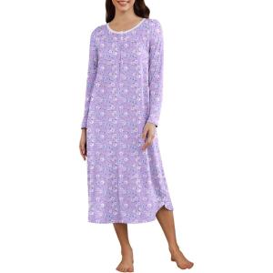 image:imageEkouaer Womens Long Sleeve Nightgown Long Sleepshirt Henley Nightgowns Full Length Sleep Dress with Pockets S3XLPurple Flower