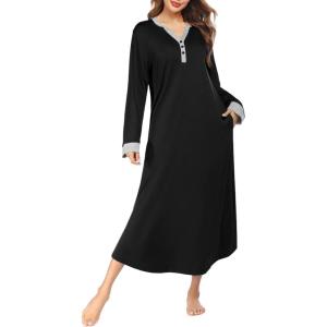 image:imageEkouaer Womens Nightgown Long Loungewear V Neck Nightshirt Sleepwear Full Length Sleepshirt with PocketsBlack
