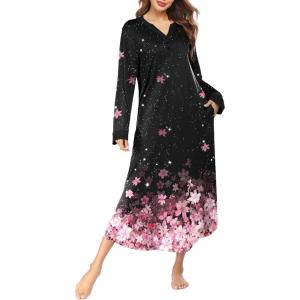 image:imageEkouaer Womens Nightgown Long Loungewear V Neck Nightshirt Sleepwear Full Length Sleepshirt with PocketsBlack Pink Flower