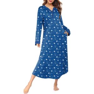 image:imageEkouaer Womens Nightgown Long Loungewear V Neck Nightshirt Sleepwear Full Length Sleepshirt with PocketsBlue Star