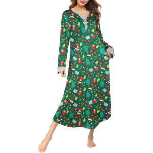 image:imageEkouaer Womens Nightgown Long Loungewear V Neck Nightshirt Sleepwear Full Length Sleepshirt with PocketsChristmas Green