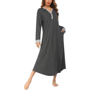 image:imageEkouaer Womens Nightgown Long Loungewear V Neck Nightshirt Sleepwear Full Length Sleepshirt with PocketsGrey