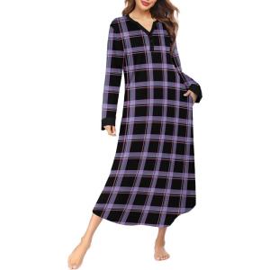 image:imageEkouaer Womens Nightgown Long Loungewear V Neck Nightshirt Sleepwear Full Length Sleepshirt with PocketsPurple Plaid