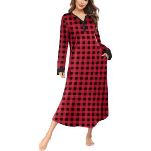 image:imageEkouaer Womens Nightgown Long Loungewear V Neck Nightshirt Sleepwear Full Length Sleepshirt with PocketsRed Plaid