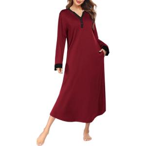 image:imageEkouaer Womens Nightgown Long Loungewear V Neck Nightshirt Sleepwear Full Length Sleepshirt with PocketsWine Red