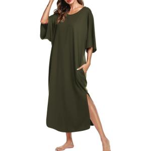 image:imageEkouaer Womens Nightgown Short Sleeve Sleepshirt Long Loungewear Casual Maxi Lounge Dress House Dresses with PocketsArmy Green